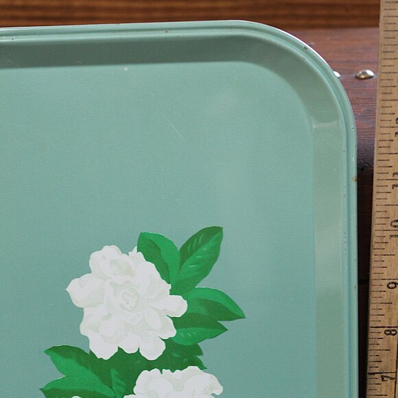 Vintage Tin Litho Serving TV Tray, Jade, Mint, Green, Camellia Blossom Design - Picture 11 of 14
